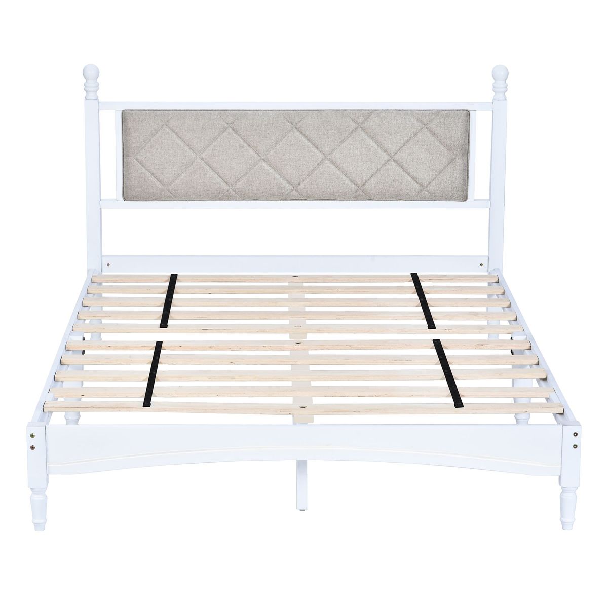 Wood Bed Frame With Fabric Upholstered Headboard, Solid Rubber Wood With Wood Central Supports, 1000 Lb Capacity, Easy Assembly, No Box Spring Needed, Full - White_maomaolike.com