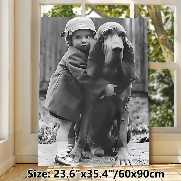 Nostalgic Basset Hound & Companion Painting Poster, Monochrome Warm Intimate Scene Poster, Retro Heartwarming Artwork For Living Room, Bedroom Wall_maomaolike.com