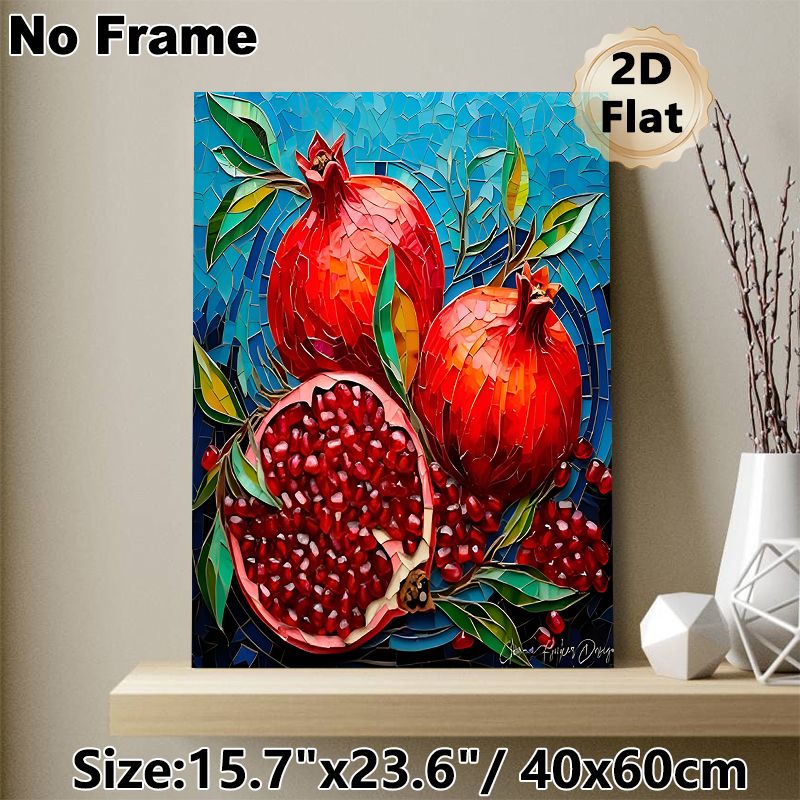 Pomegranate Themed Painting Poster, Vibrant Mosaic-style Red Pomegranates With Seeds & Leaves Poster, Eye-catching Fruit Artwork Ideal For Kitchen_maomaolike.com