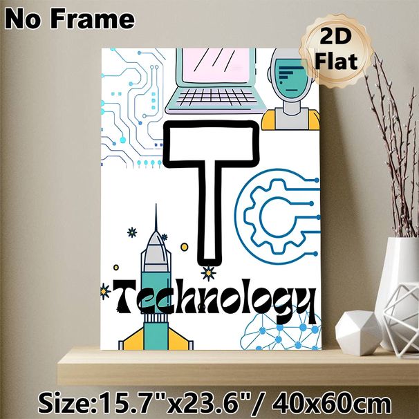 Technology Themed Painting Poster, Vibrant Cartoon Tech Elements Poster, Sleek Tech-inspired Decor Ideal For Home Office, Tech Workspace And Study_maomaolike.com