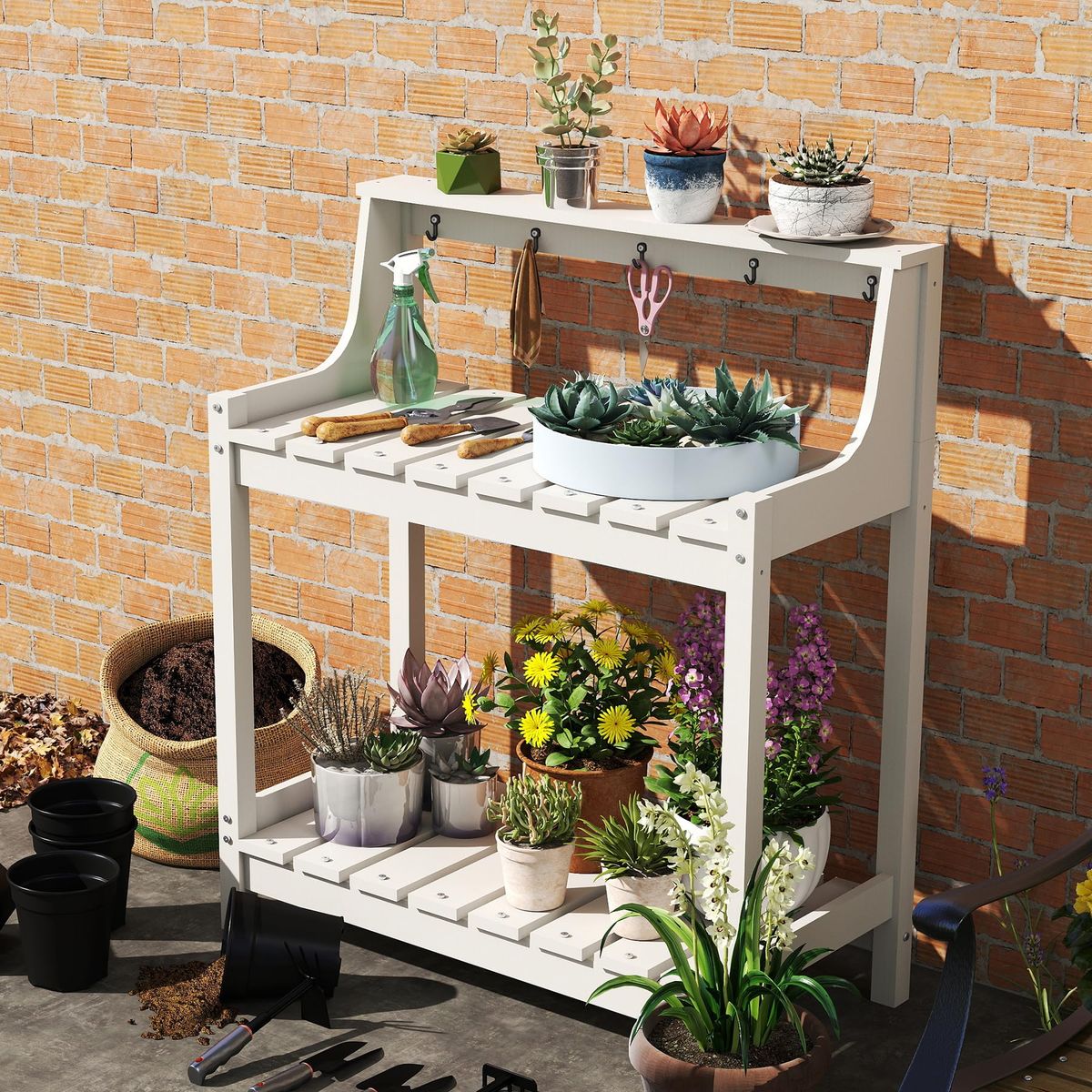 Potting Benches For Outside, HDPE Garden Potting Table All Weather, Outdoor Potting Table With Storage For Patio, Backyard, Garden, White_maomaolike.com