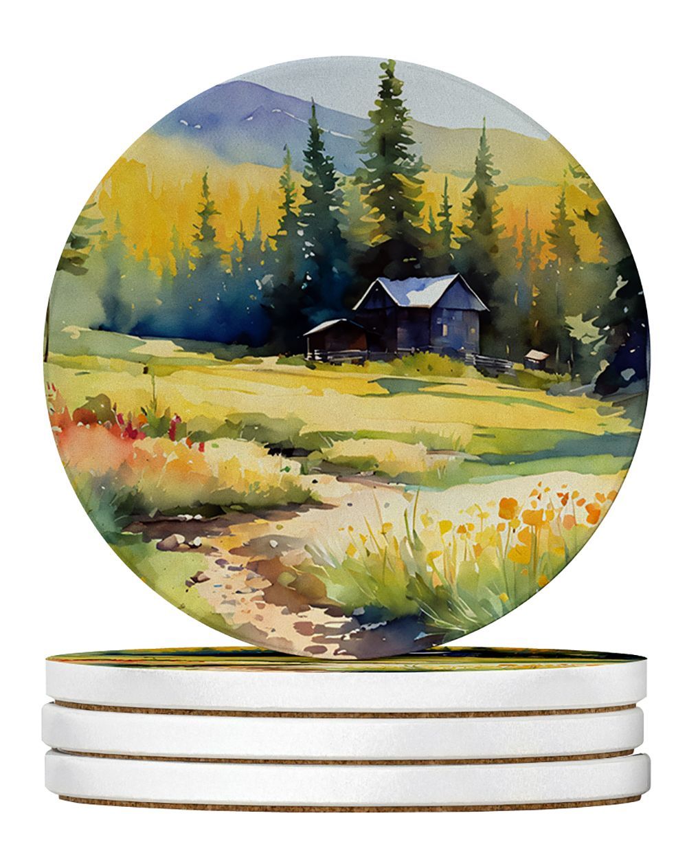 Montana Bitterroot In Watercolor Large Sandstone Coasters Pack Of 4 Absorbent Round Coasters Decor Gifts For Men Or Women, 4 In, Multicolor_maomaolike.com