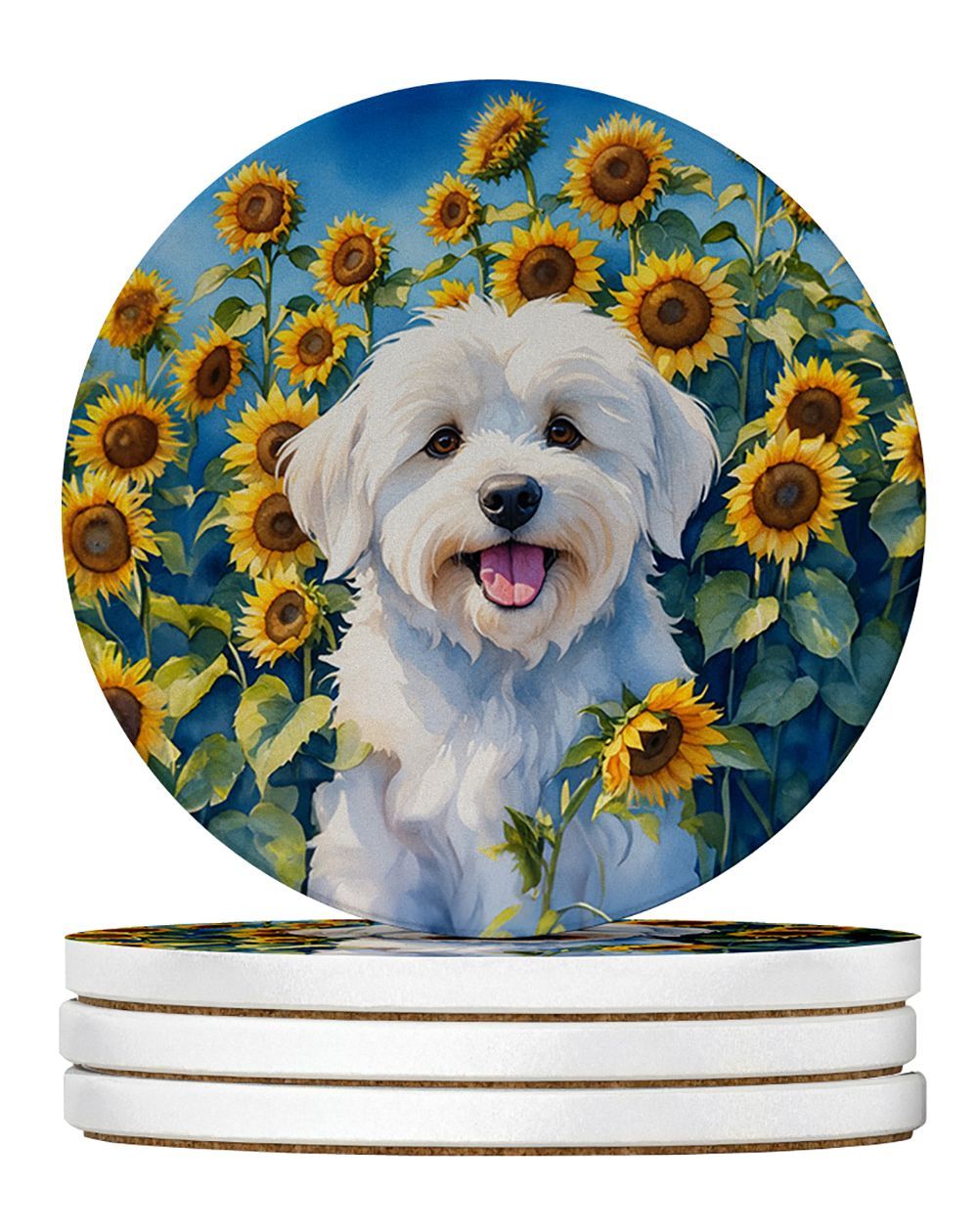 Coton De Tulear In Sunflowers Large Sandstone Coasters Pack Of 4 Absorbent Round Coasters Decor Gifts For Men Or Women, 4 In, Multicolor_maomaolike.com