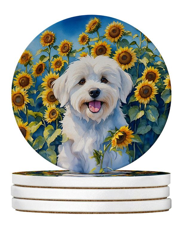 Coton De Tulear In Sunflowers Large Sandstone Coasters Pack Of 4 Absorbent Round Coasters Decor Gifts For Men Or Women, 4 In, Multicolor_maomaolike.com