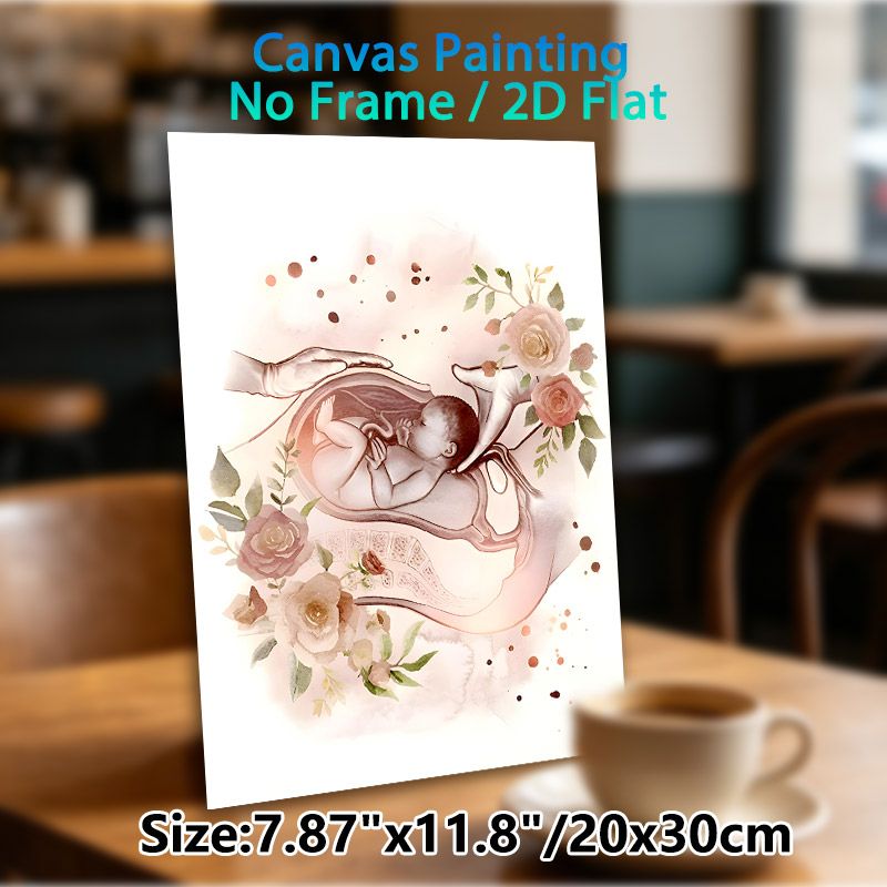Prenatal Nurturing Themed Painting Poster, Soft Watercolor Style Poster, Heartwarming Fetal-in-womb Scene With Caring Hands & Floral Accents, Gentle_maomaolike.com