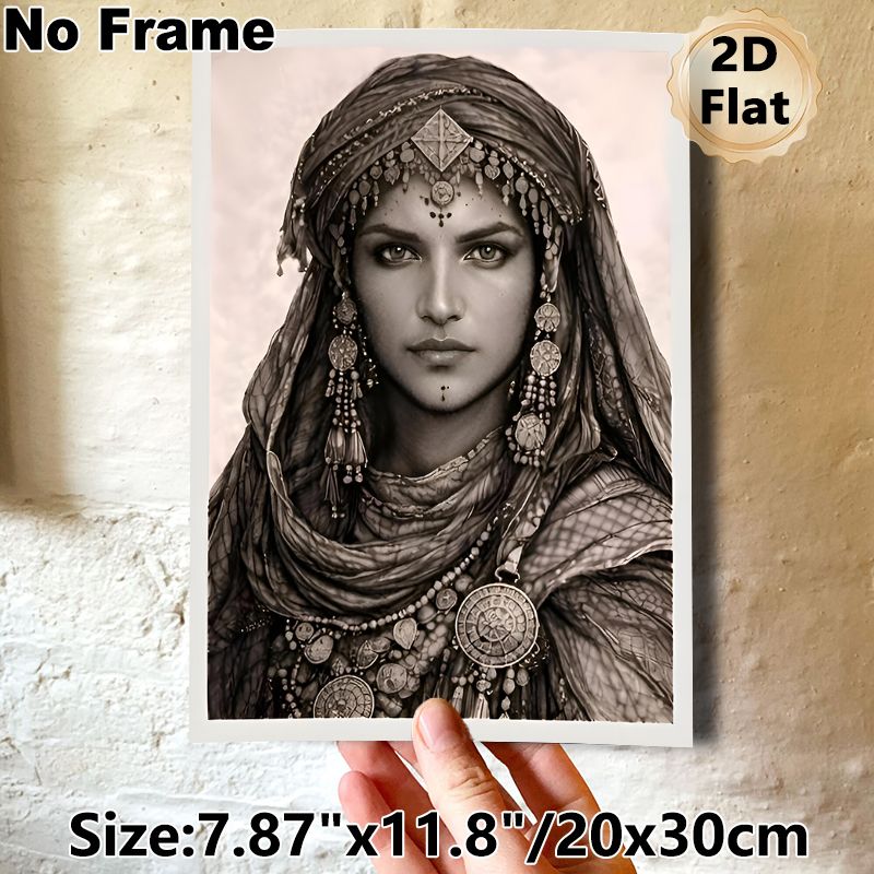 Ethnic Female Portrait Painting Poster, Vintage Sepia-toned Tribal Ornamented Lady Poster, Exquisite Cultural Art Piece For Living Room, Bedroom Wall_maomaolike.com
