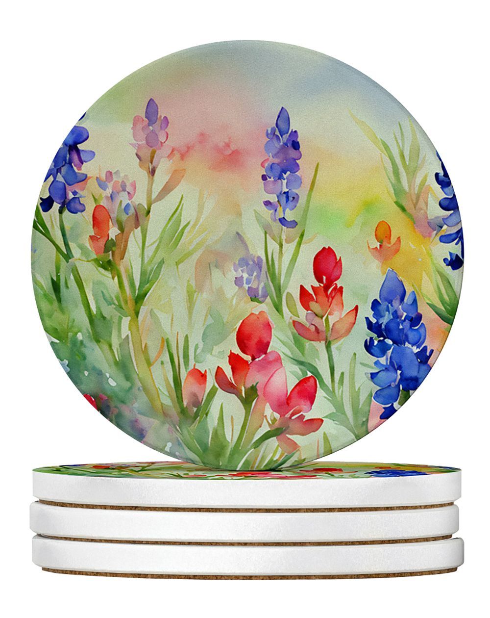 Texas Bluebonnets In Watercolor Large Sandstone Coasters Pack Of 4 Absorbent Round Coasters Decor Gifts For Men Or Women, 4 In, Multicolor_maomaolike.com