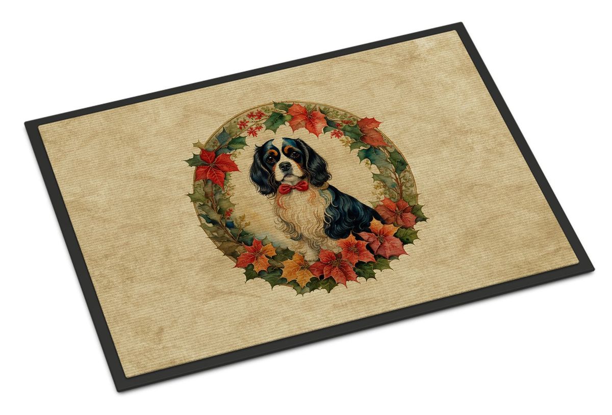 Cavalier Spaniel Christmas Flowers Doormat Front Door Mat Indoor Outdoor Rugs For Entryway, Non Slip Washable Low Pile, 24H X 36W_maomaolike.com