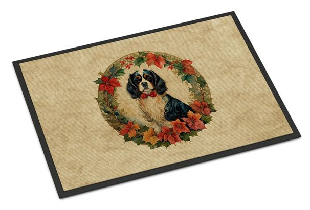 Cavalier Spaniel Christmas Flowers Doormat Front Door Mat Indoor Outdoor Rugs For Entryway, Non Slip Washable Low Pile, 24H X 36W_maomaolike.com