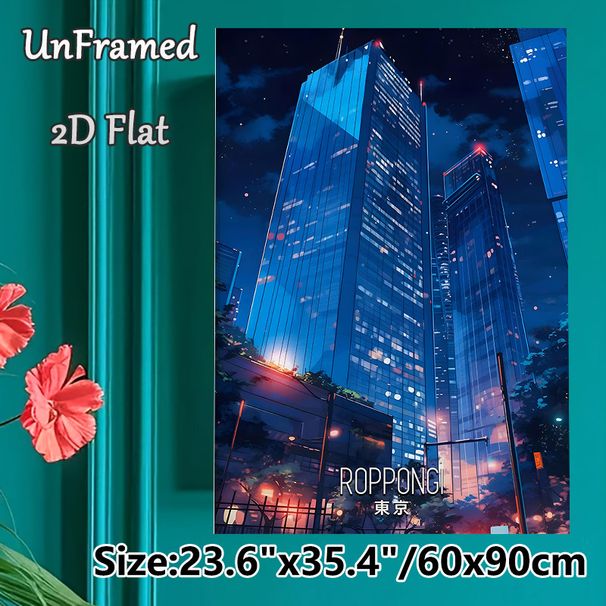 Roppongi Tokyo Night Cityscape Painting Poster, Vibrant Anime-style Glowing Skyscraper Night View Poster, Captivating Urban Night Scenery Ideal For_maomaolike.com