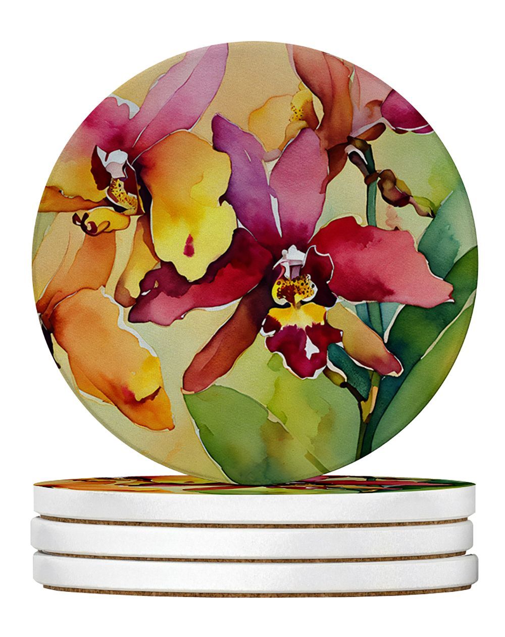 Orchids In Watercolor Large Sandstone Coasters Pack Of 4 Absorbent Round Coasters Decor Gifts For Men Or Women, 4 In, Multicolor_maomaolike.com
