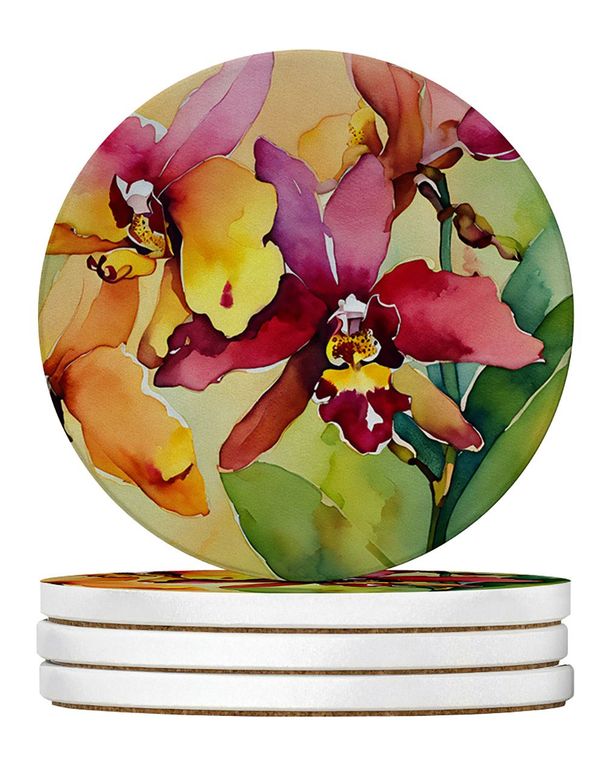 Orchids In Watercolor Large Sandstone Coasters Pack Of 4 Absorbent Round Coasters Decor Gifts For Men Or Women, 4 In, Multicolor_maomaolike.com