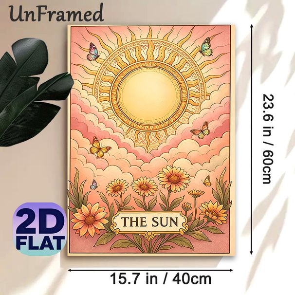 The Sun Tarot Themed Painting Poster, Soft Pastel Vintage Style Poster, Warm Whimsical Design Featuring Sun, Flowers And Butterflies, Ideal For_maomaolike.com