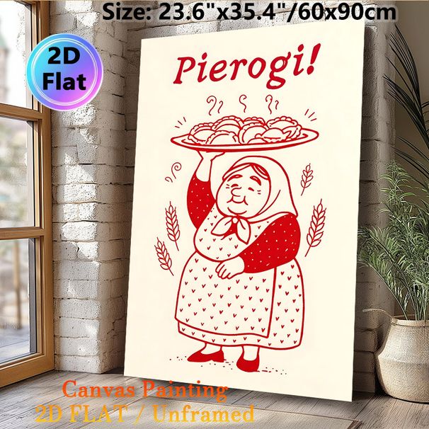 Pierogi Themed Painting Poster, Vintage Red Line Art Poster, Warm Homely Design Featuring Cheerful Lady With Steaming Pierogi Platter, Ideal For_maomaolike.com