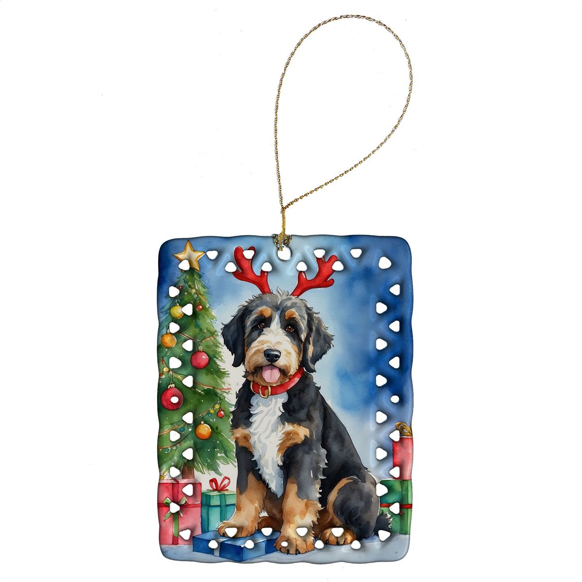 Bernedoodle Christmas Reindeer Porcelain Ornament Christmas Tree Hanging Decorations For Home Christmas Holiday, Rectangle, Gift, Multicolor_maomaolike.com