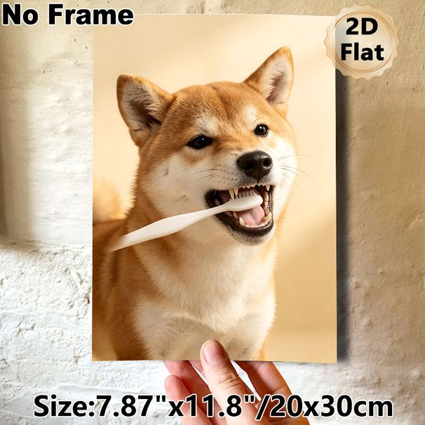 Shiba Inu Brushing Teeth Painting Poster, Warm-toned Cute Playful Pet Scene Poster, Lovely Pet-themed Decor Ideal For Living Room, Bedroom And Pet_maomaolike.com