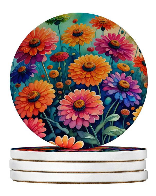 Colorful Zinnias Large Sandstone Coasters Pack Of 4 Absorbent Round Coasters Decor Gifts For Men Or Women, 4 In, Multicolor_maomaolike.com