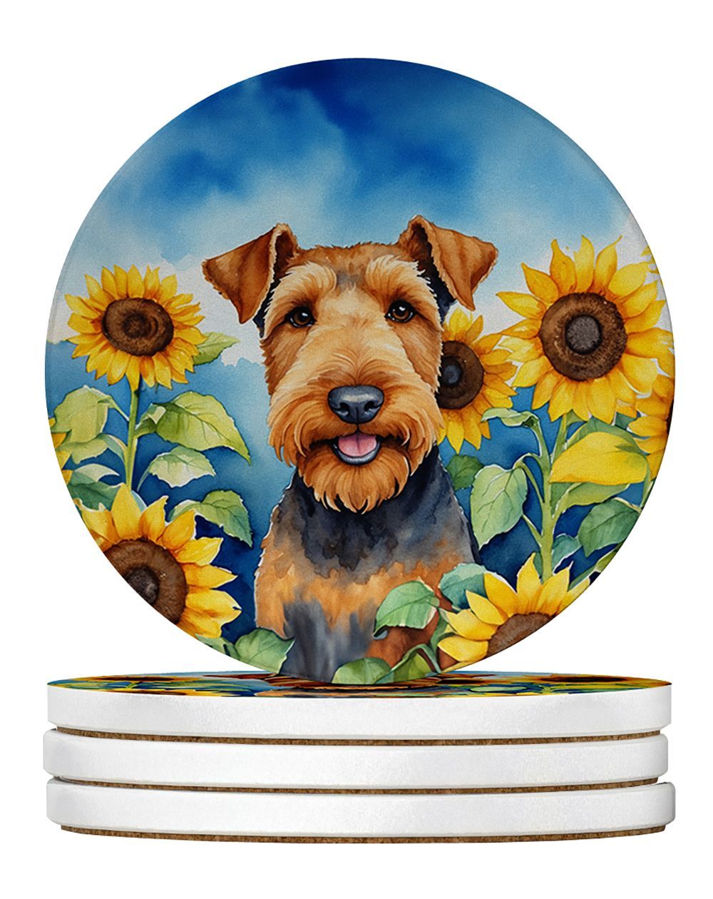 Airedale Terrier In Sunflowers Large Sandstone Coasters Pack Of 4 Absorbent Round Coasters Decor Gifts For Men Or Women, 4 In, Multicolor_maomaolike.com