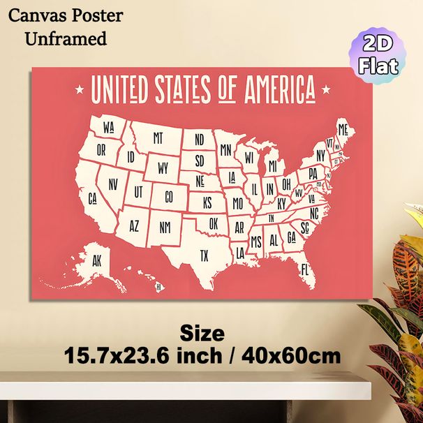 US Map Themed Painting Poster, Minimalist Retro Coral-toned US Map Poster, Clear State Abbreviations For Geographic Reference, Ideal For Home Office_maomaolike.com