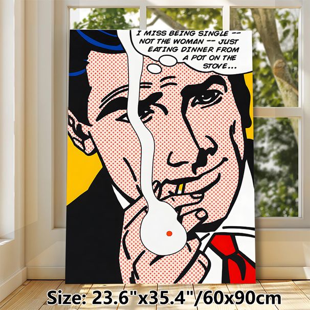 Humorous Male Portrait Pop Art Painting Poster, Vibrant Dot-Patterned Comic Style Poster, Witty Relatable Quote Decor Ideal For Home, Living Room_maomaolike.com