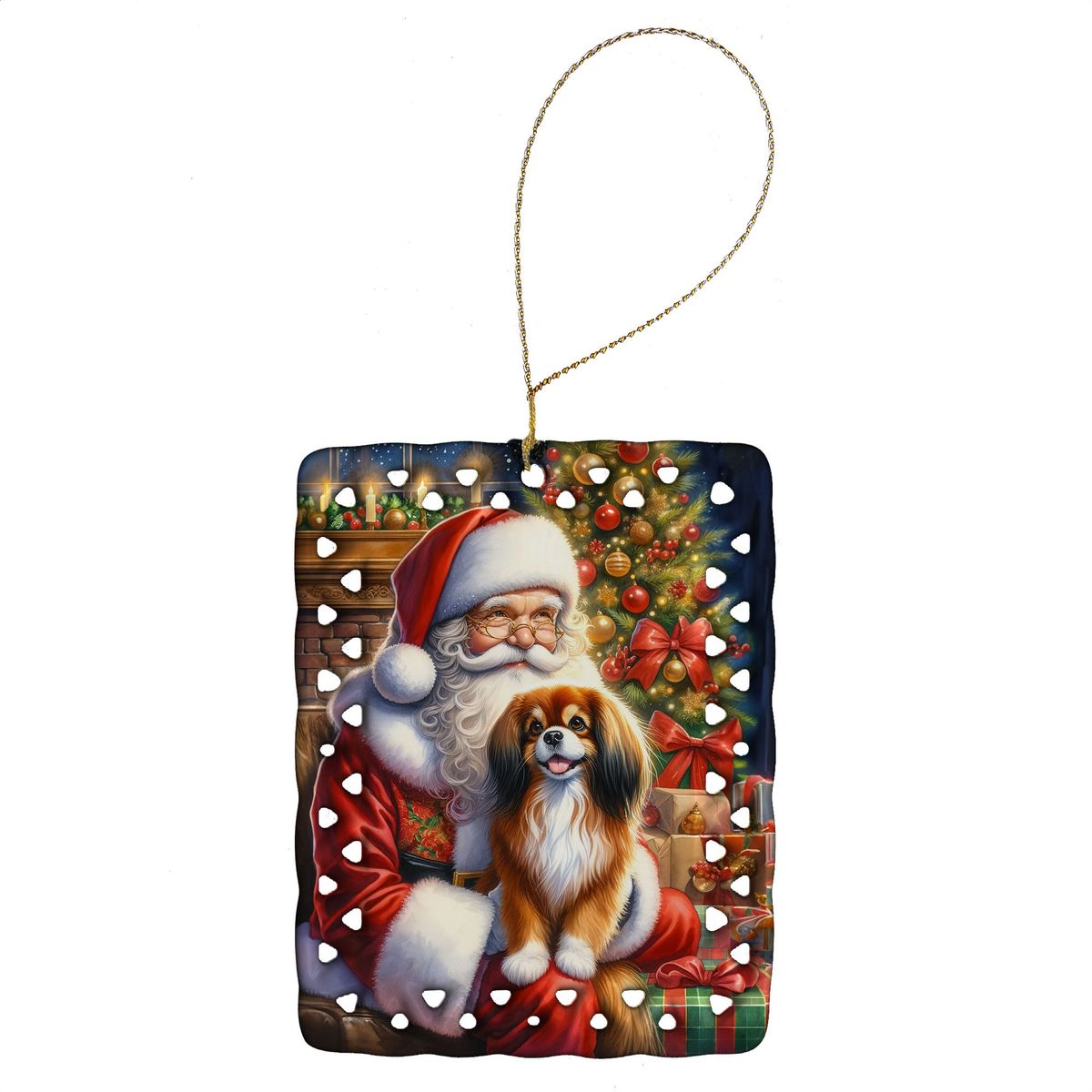 Tibetan Spaniel And Santa Claus Porcelain Ornament Christmas Tree Hanging Decorations For Home Christmas Holiday, Rectangle, Gift, Multicolor_maomaolike.com