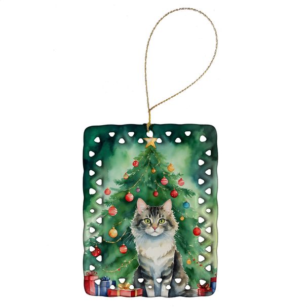 La Perm Cat By The Christmas Tree Porcelain Ornament Christmas Tree Hanging Decorations For Home Christmas Holiday, Rectangle, Gift, Multicolor_maomaolike.com