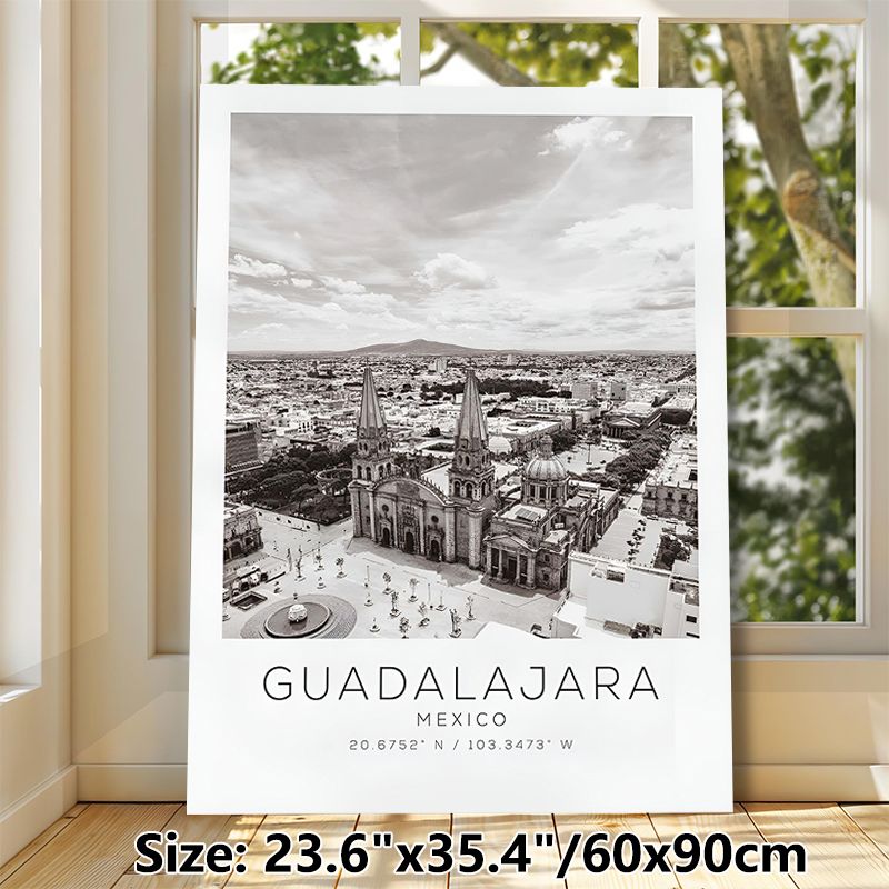 Guadalajara Mexico Cityscape Painting Poster, Vintage Monochrome Urban Skyline With Cathedral Poster, Adds Cultural Charm, Ideal For Living Room_maomaolike.com