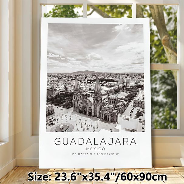Guadalajara Mexico Cityscape Painting Poster, Vintage Monochrome Urban Skyline With Cathedral Poster, Adds Cultural Charm, Ideal For Living Room_maomaolike.com