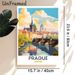 Prague Cityscape Painting Poster, Warm-toned Stylized Historic Riverside Scene Poster, Charming European Urban View Ideal For Living Room, Office Wall_maomaolike.com