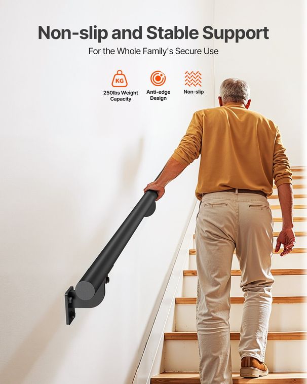 6ft Wall Mounted Stair Handrail Black Aluminum Indoor Outdoor Railing_maomaolike.com