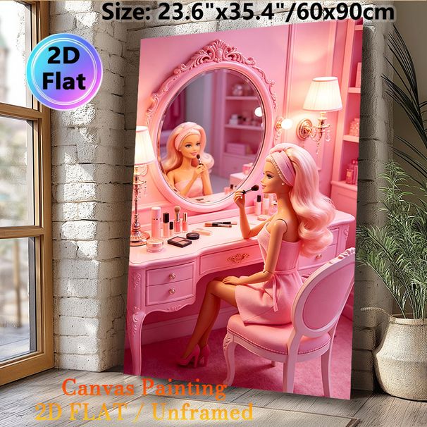 Pink Glam Doll At Vanity Painting Poster, Dreamy Feminine Makeup Scene Poster, Charming Feminine Decor Ideal For Bedroom, Dressing Room_maomaolike.com