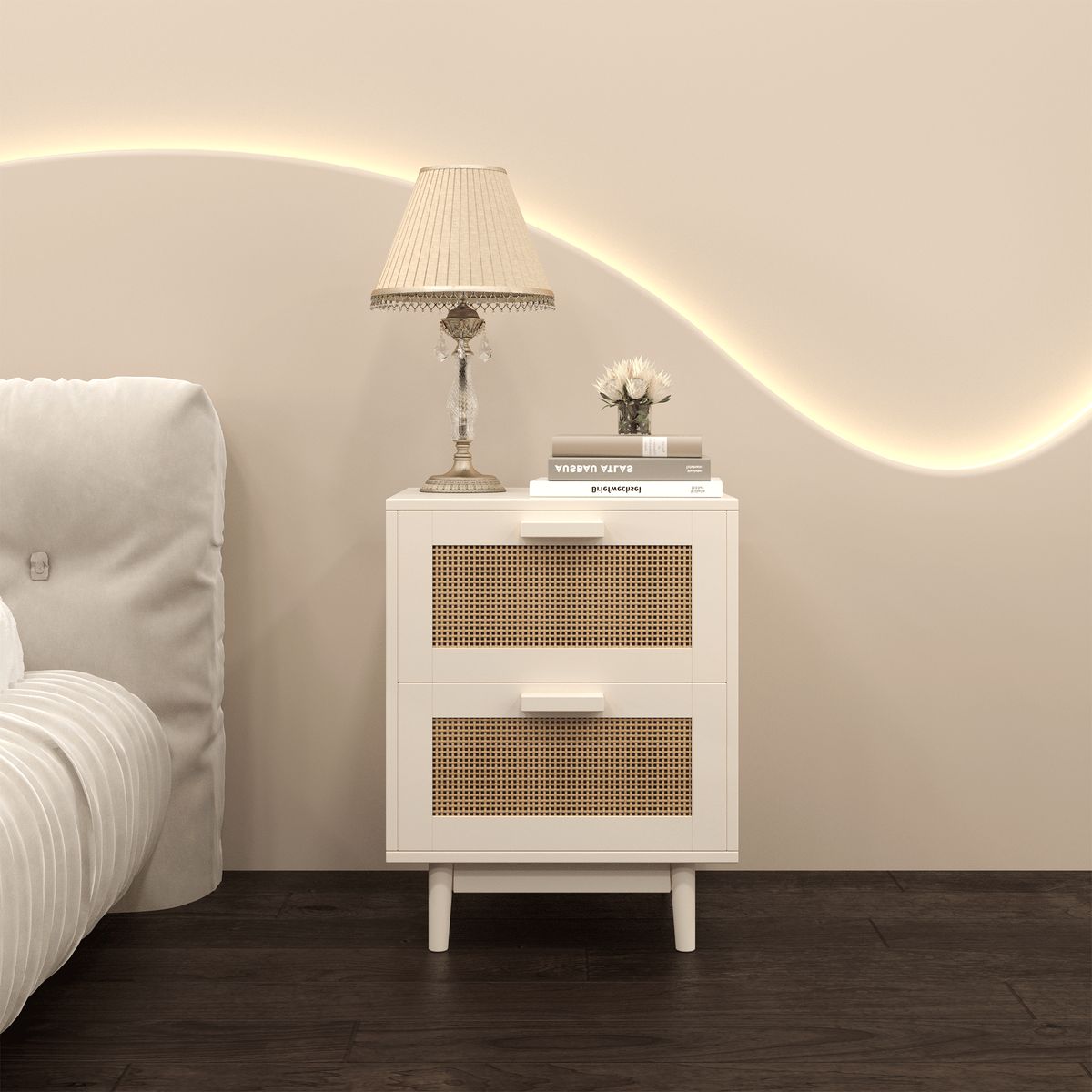 Rattan Nightstand, Wood End Table, Side Table With 2 Rattan-Decorated Drawers, Bedside Table,Wood Accent Table With Storage For Livingroom, Bedroom,Burly Wood_maomaolike.com