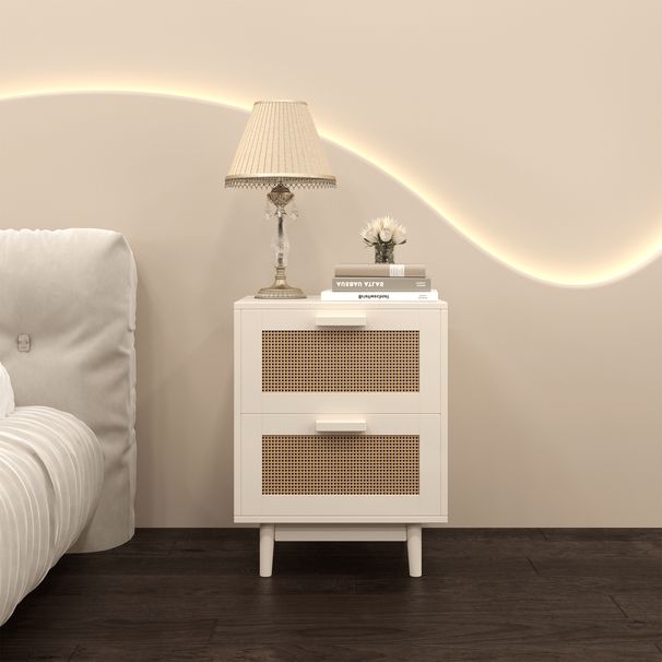 Rattan Nightstand, Wood End Table, Side Table With 2 Rattan-Decorated Drawers, Bedside Table,Wood Accent Table With Storage For Livingroom, Bedroom,Burly Wood_maomaolike.com