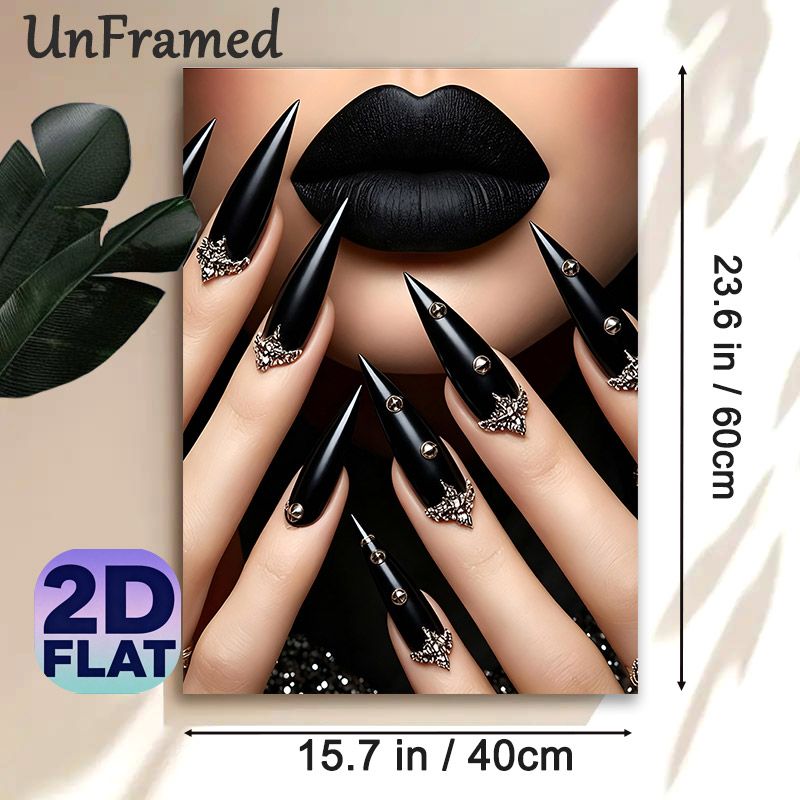 Gothic Lips & Stiletto Nails Painting Poster, Mysterious Dark Glam Poster, Matte Black Lips With Ornate Studded Stiletto Nails, Stylish Gothic Decor_maomaolike.com