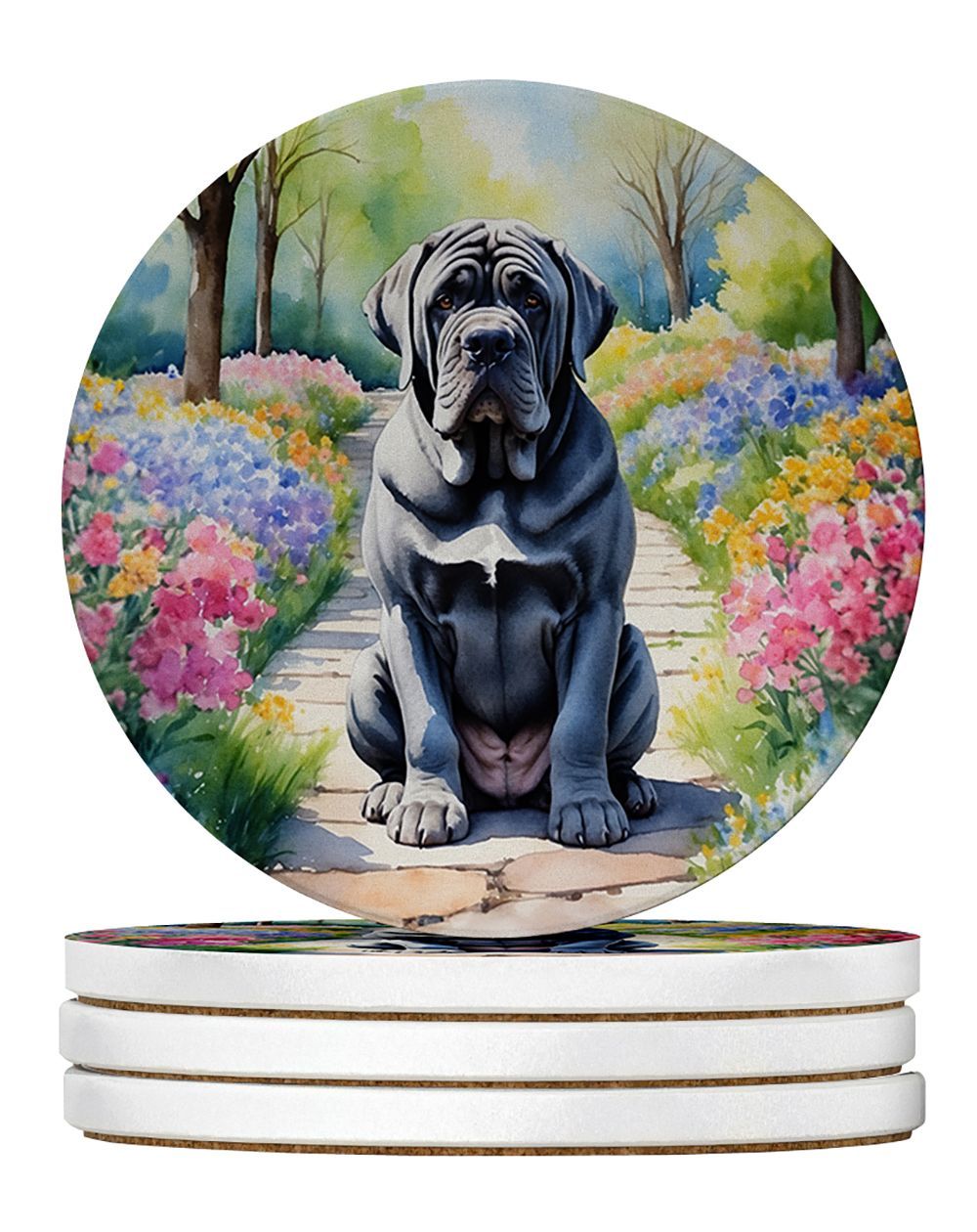 Neapolitan Mastiff Spring Path Large Sandstone Coasters Pack Of 4 Absorbent Round Coasters Decor Gifts For Men Or Women, 4 In, Multicolor_maomaolike.com