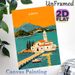 Corfu Coastal Village Painting Poster, Vibrant Retro Mediterranean Scenic Poster, Eye-catching Coastal Church & Boat Artwork Ideal For Living Room_maomaolike.com