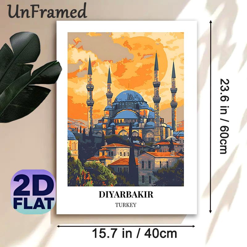 Diyarbakir Turkey Mosque Painting Poster, Vibrant Retro Travel Style Sunset Scene Poster, Captivating Cultural Artwork Ideal For Home, Living Room And_maomaolike.com