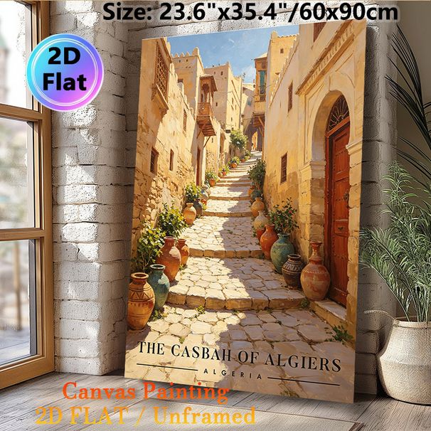 Casbah Of Algiers Alley Painting Poster, Warm-toned Impressionist Mediterranean Lane Poster, Vivid Rustic Architectural View Ideal For Living Room_maomaolike.com