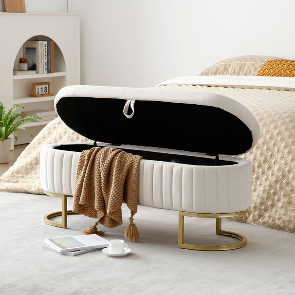 Storage Bench Bedroom Bench, Velvet Oval Upholstered End Of Bed Bench With Golden Metal Legs,50"Modern Storage Ottoman Bench For Bedroom, Living Room,Entryway,Window, Black_maomaolike.com
