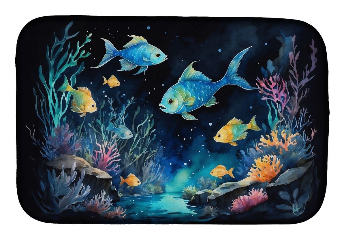 Bioluminescent Fish Dish Drying Mat Absorbent Dish Drying Mat Pad For Kitchen Counter Dish Drainer Mat For Countertop, 14 X 21", Multicolor_maomaolike.com