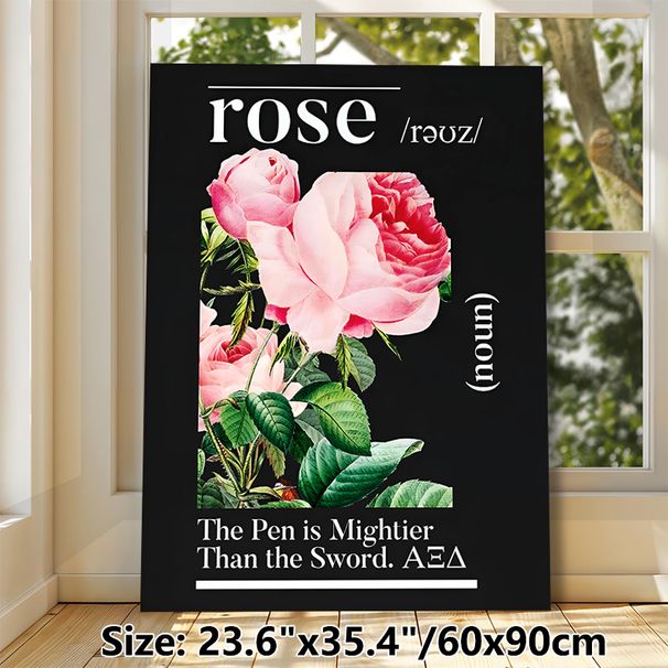 Rose Dictionary Style Painting Poster, Vintage Realistic Pink Rose With Typography Dark Background Poster, Elegant Floral Wall Decor Ideal For Living_maomaolike.com