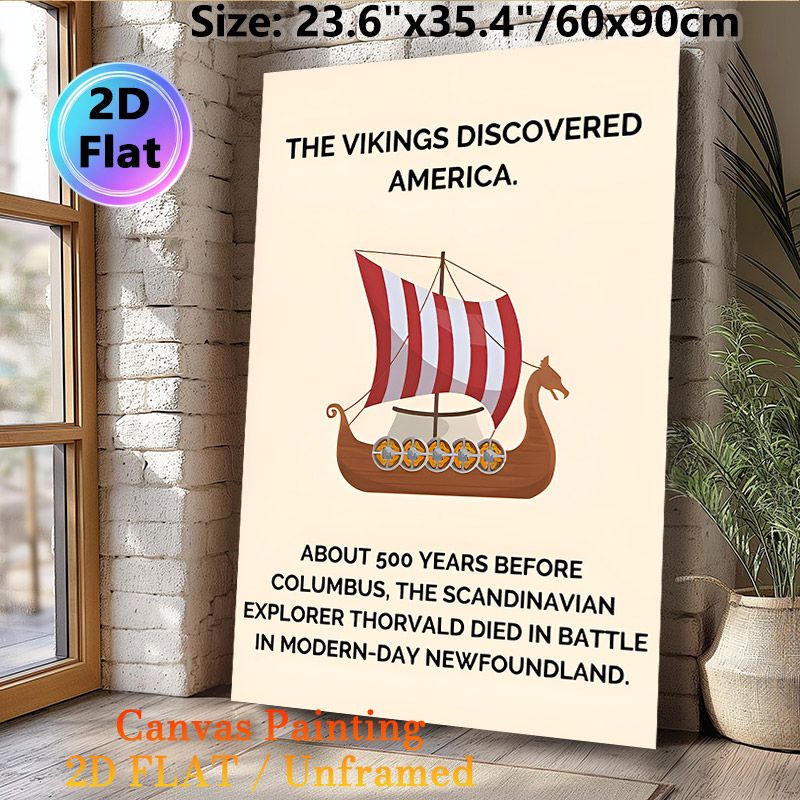 Viking Discovery Themed Painting Poster, Clean Illustrated Viking Longship With Historical Facts Poster, Educational Wall Decor Suitable For Study_maomaolike.com