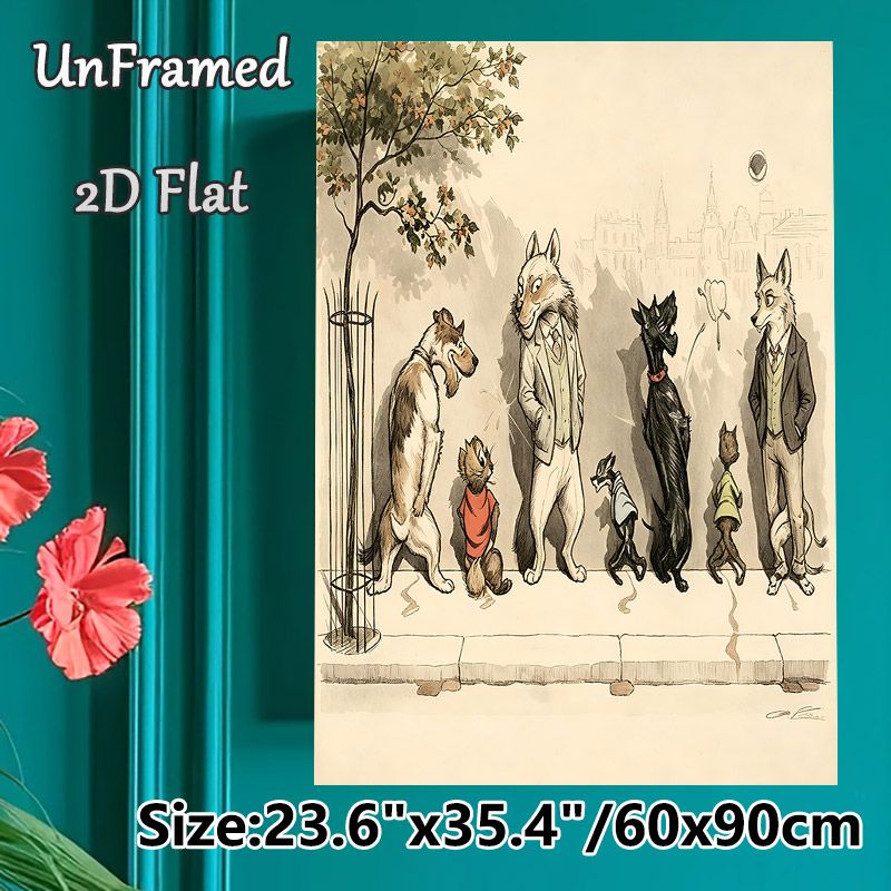 Anthropomorphic Pets Painting Poster, Vintage Whimsical Dressed Dogs & Cats On City Sidewalk Poster, Charming Artistic Decor Suitable For Living Room_maomaolike.com