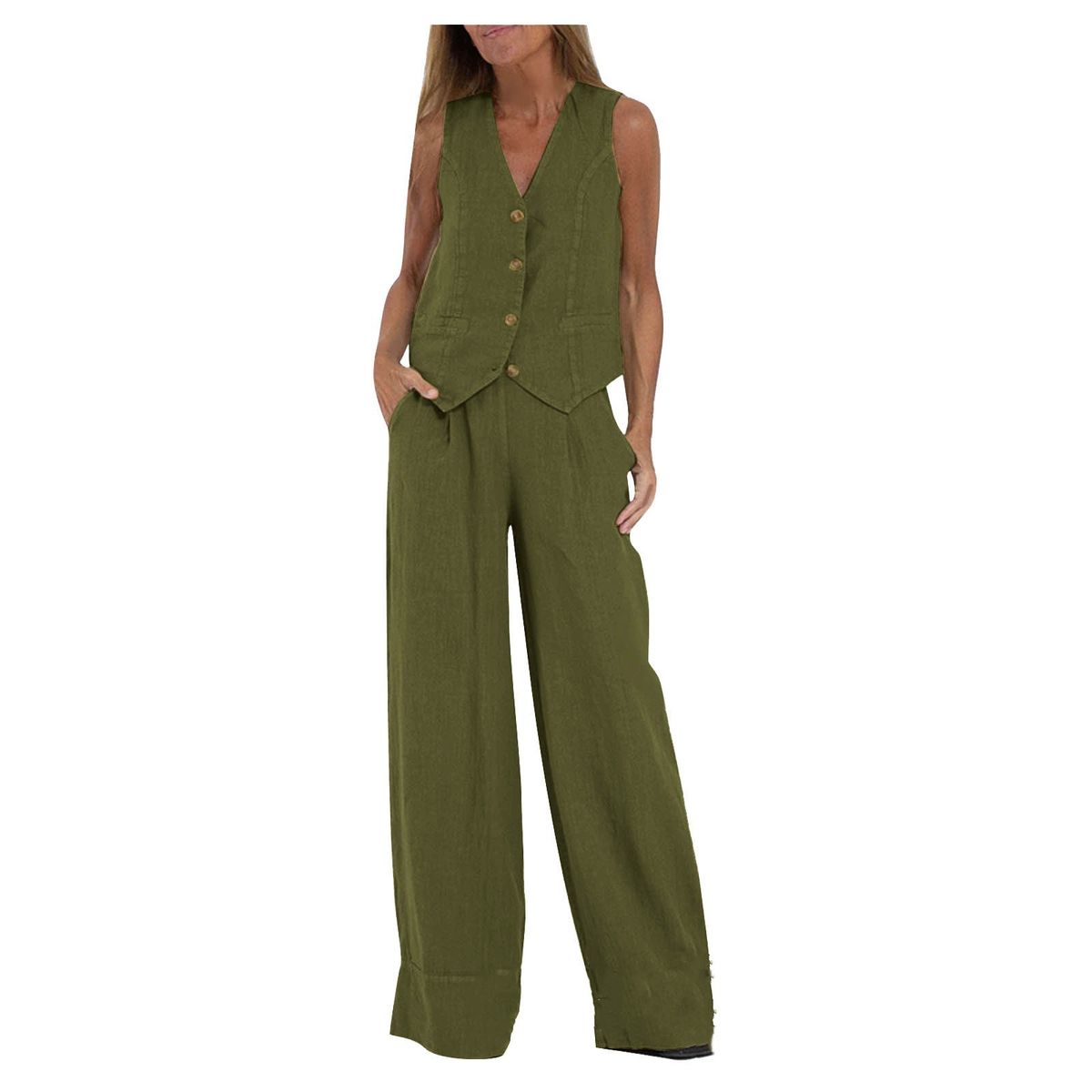 Women's Clothing new fashion vest trousers collage stitching cotton and linen casual suit_maomaolike.com