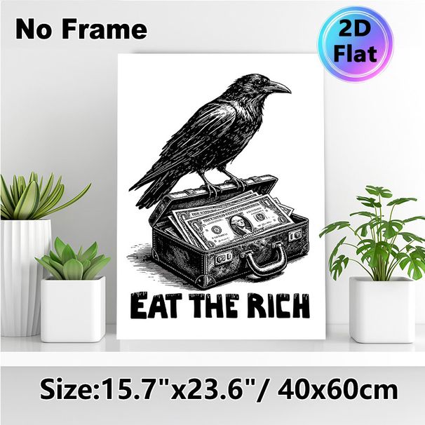 Crow & Cash Suitcase Painting Poster, Monochrome Engraving-style Poster, Unique Satirical Design With "Eat The Rich" Text, Ideal For Home Office And_maomaolike.com