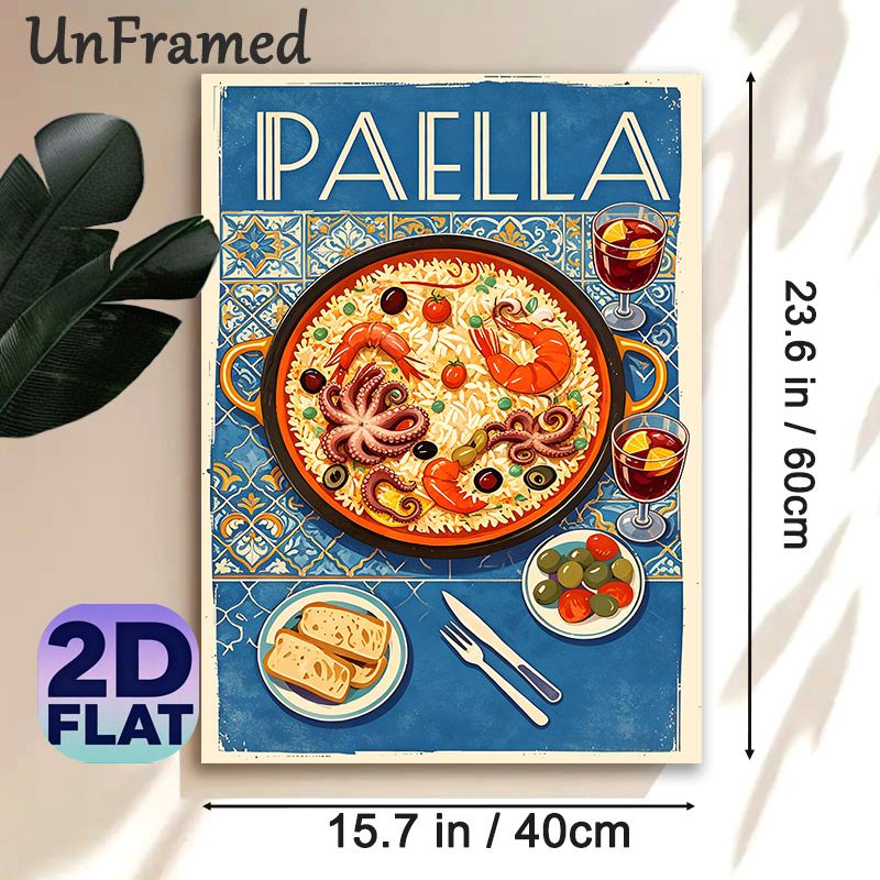 Paella Themed Painting Poster, Vibrant Retro Spanish Cuisine Scene Poster, Appealing Food Artwork To Enhance Dining Ambiance, Ideal For Kitchen And_maomaolike.com