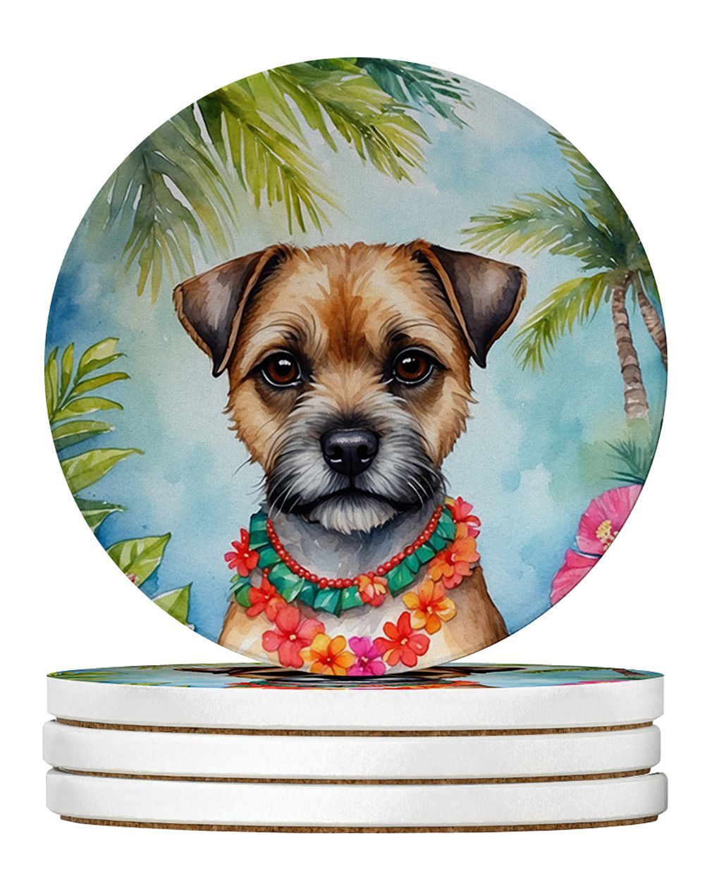 Border Terrier Luau Large Sandstone Coasters Pack Of 4 Absorbent Round Coasters Decor Gifts For Men Or Women, 4 In, Multicolor_maomaolike.com