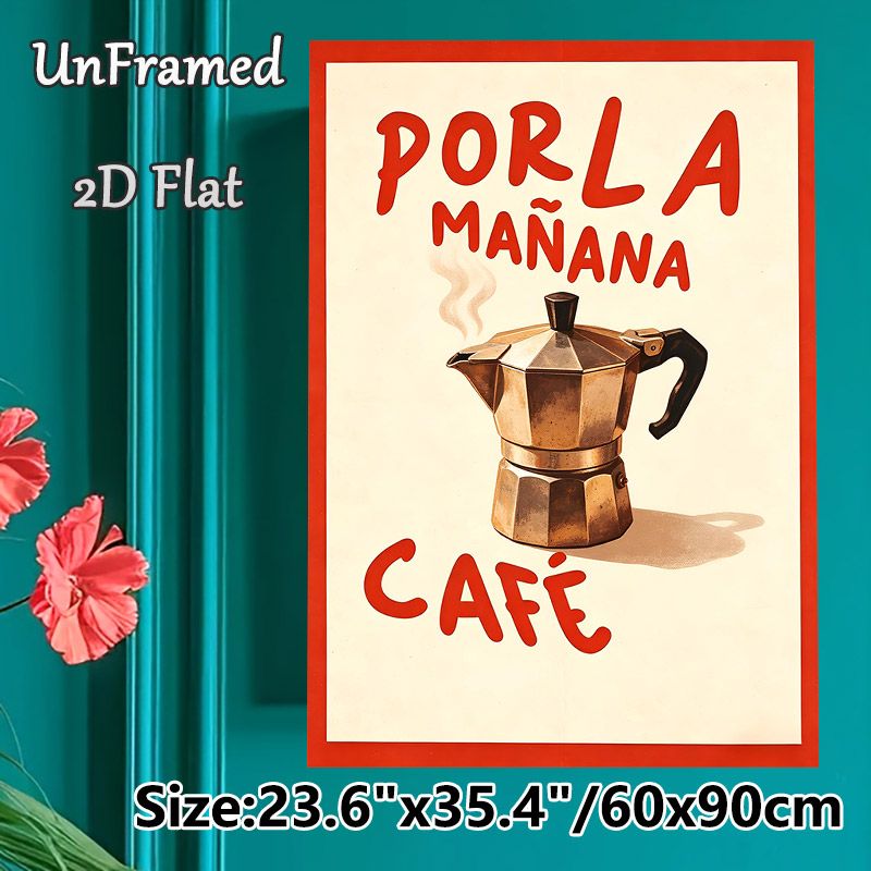 Coffee Themed Painting Poster, Vintage Retro Style Poster With Moka Pot & Spanish Coffee Slogan, Warm Decorative Piece Ideal For Kitchen, Café And_maomaolike.com
