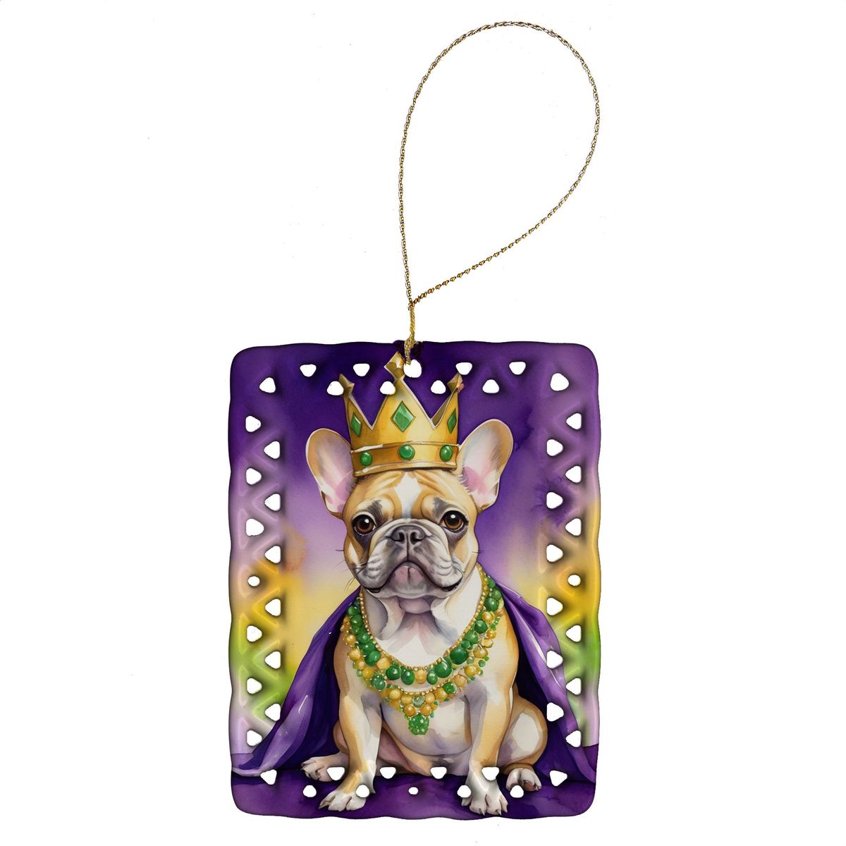French Bulldog King Of Mardi Gras Porcelain Ornament Christmas Tree Hanging Decorations For Home Christmas Holiday, Rectangle, Gift, Multicolor_maomaolike.com