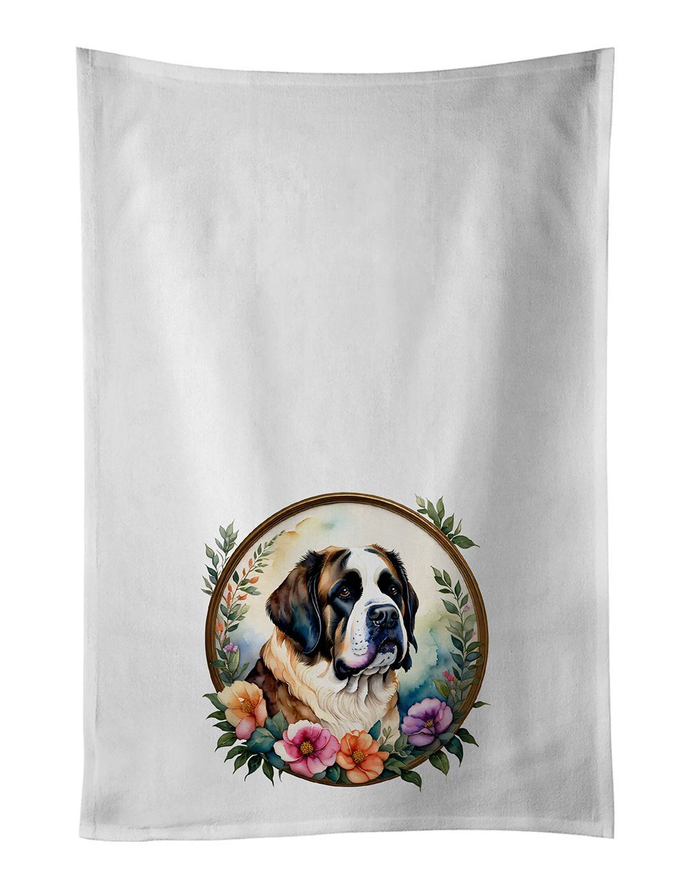 Saint Bernard And Flowers Kitchen Towel Set Of 2 White Dish Towels Decorative Bathroom Hand Towel For Hand, Face, Hair, Yoga, Tea, Dishcloth, 19 X 28", White_maomaolike.com